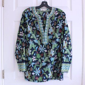 Tory Burch Garden Wisteria Blue Floral Print Embellished Beaded Tunic Top
